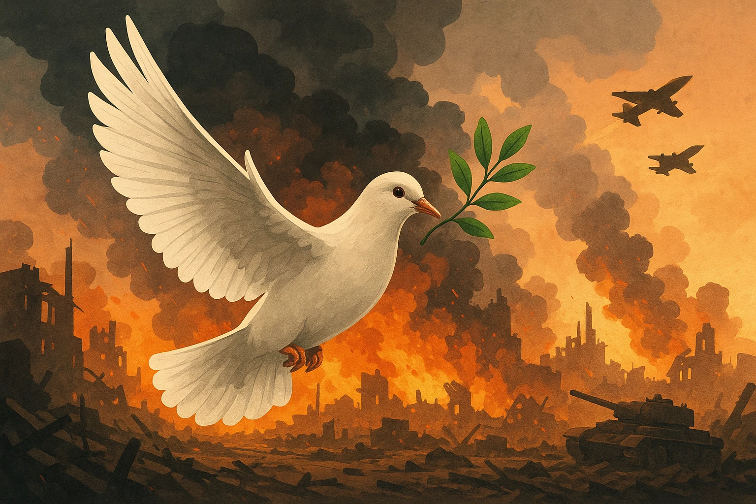 Illustration einer Friedenstaube vor brennender Kriegslandschaft